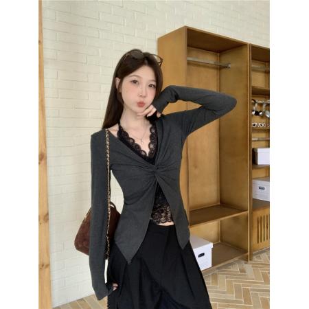 BY11479# 大码女装胖mm长袖打底衫初秋韩系穿搭蕾丝t恤假两件辣妹上衣  服裝批發女裝批發服飾貨源