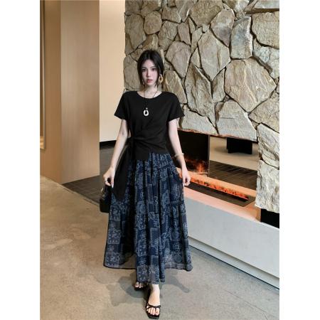 BY11480# 大码女装设计感交叉收腰显瘦短袖T恤度假风印花半身长裙套装  服裝批發女裝批發服飾貨源