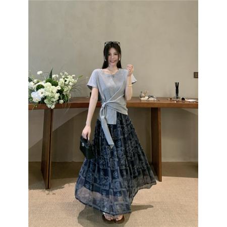 BY11480# 大码女装设计感交叉收腰显瘦短袖T恤度假风印花半身长裙套装  服裝批發女裝批發服飾貨源