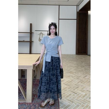 BY11480# 大码女装设计感交叉收腰显瘦短袖T恤度假风印花半身长裙套装  服裝批發女裝批發服飾貨源