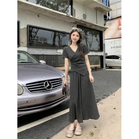 BY11481# 大码女装夏季新款修身显瘦遮肉休闲短袖上衣＋半身裙套装  服裝批發女裝批發服飾貨源