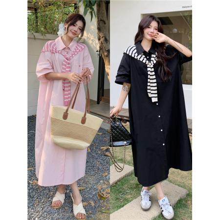 BY11482# 大码女装慵懒高级感休闲宽松遮肉长款衬衫连衣裙配条纹披肩  服裝批發女裝批發服飾貨源