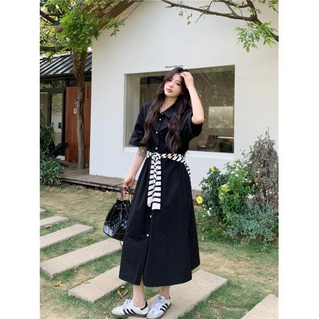 BY11482# 大码女装慵懒高级感休闲宽松遮肉长款衬衫连衣裙配条纹披肩  服裝批發女裝批發服飾貨源