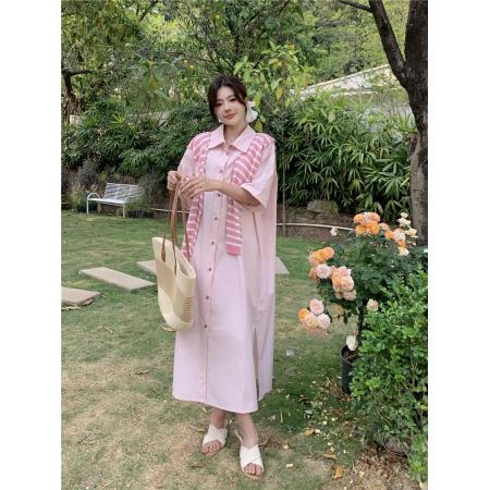 BY11482# 大码女装慵懒高级感休闲宽松遮肉长款衬衫连衣裙配条纹披肩  服裝批發女裝批發服飾貨源