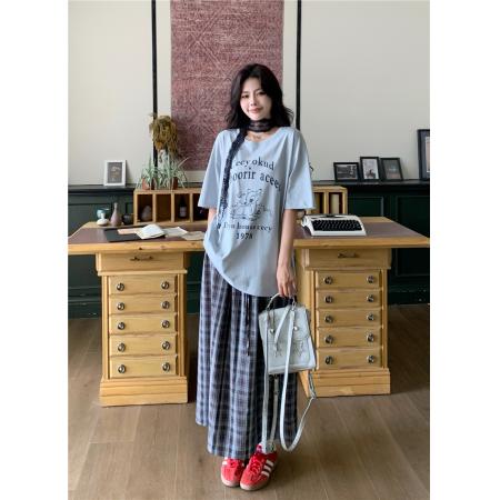 BY11483# 大码女装蕾丝颈带宽松遮肉休闲T恤直筒格子半身裙韩系套装  服裝批發女裝批發服飾貨源