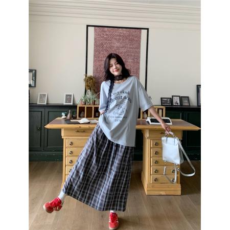 BY11483# 大码女装蕾丝颈带宽松遮肉休闲T恤直筒格子半身裙韩系套装  服裝批發女裝批發服飾貨源