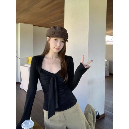 BY11484# 大码女装蝴蝶结长袖t恤蕾丝纯欲风收腰显瘦设计感打底衫上衣  服裝批發女裝批發服飾貨源