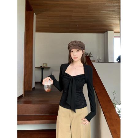 BY11484# 大码女装蝴蝶结长袖t恤蕾丝纯欲风收腰显瘦设计感打底衫上衣  服裝批發女裝批發服飾貨源