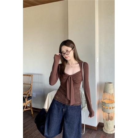 BY11484# 大码女装蝴蝶结长袖t恤蕾丝纯欲风收腰显瘦设计感打底衫上衣  服裝批發女裝批發服飾貨源