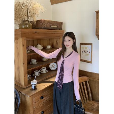 BY11485# 大码女装胖mm春季气质修身显瘦长袖上衣丝带设计感打底衫T恤  服裝批發女裝批發服飾貨源