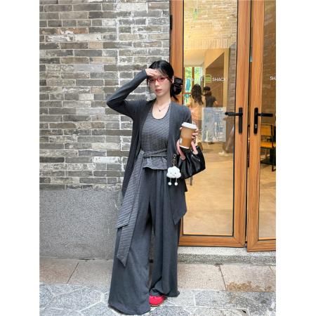 BY11487# 大码女装春季新款慵懒风长袖开衫+条纹背心+休闲长裤三套装  服裝批發女裝批發服飾貨源