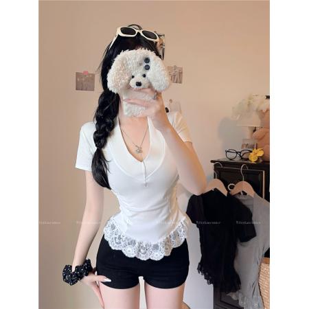 BY11488# 大码女装V领短袖T恤拼接蕾丝边打底衫纯欲修身显瘦百搭上衣  服裝批發女裝批發服飾貨源