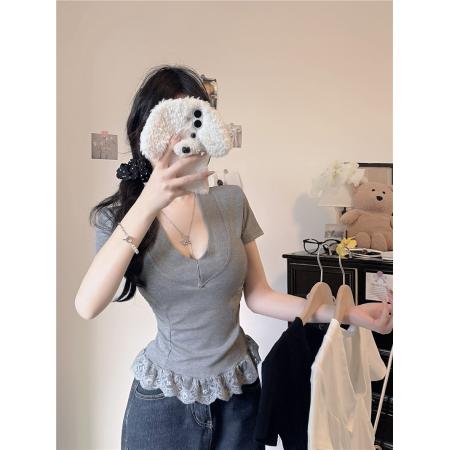 BY11488# 大码女装V领短袖T恤拼接蕾丝边打底衫纯欲修身显瘦百搭上衣  服裝批發女裝批發服飾貨源