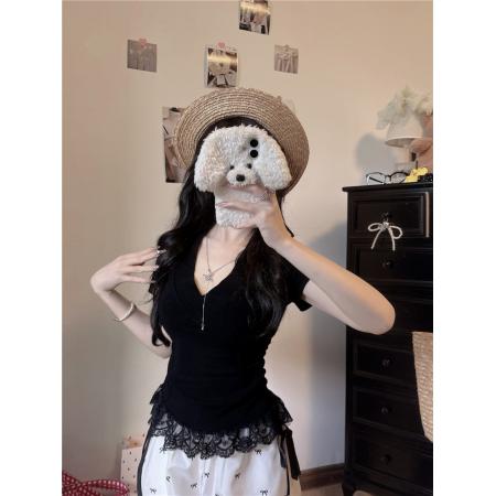 BY11488# 大码女装V领短袖T恤拼接蕾丝边打底衫纯欲修身显瘦百搭上衣  服裝批發女裝批發服飾貨源