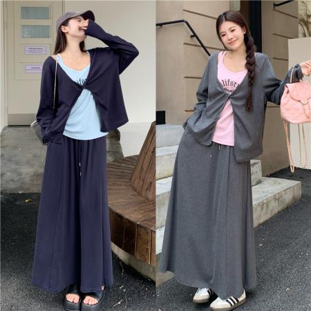 BY11489# 大码女装春季百搭打底吊带宽松遮肉外搭直筒半裙三件套装  服裝批發女裝批發服飾貨源