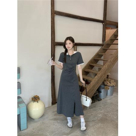 BY11490# 大码女装修身显瘦褶皱遮肉蕾丝拼接连帽中长款短袖连衣裙  服裝批發女裝批發服飾貨源