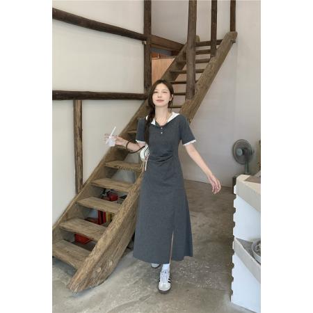 BY11490# 大码女装修身显瘦褶皱遮肉蕾丝拼接连帽中长款短袖连衣裙  服裝批發女裝批發服飾貨源