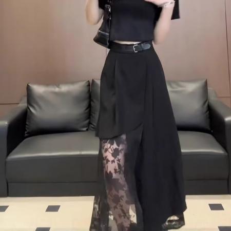 夏季新款蕾丝拼接不规则半身裙时尚气质百搭显瘦别致黑色长裙  服裝批發女裝批發服飾貨源