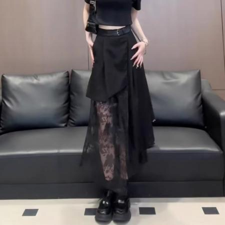 夏季新款蕾丝拼接不规则半身裙时尚气质百搭显瘦别致黑色长裙  服裝批發女裝批發服飾貨源