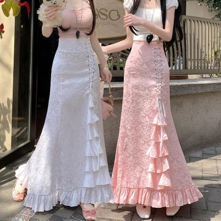 哥特长裙维多利亚宫廷中世纪朋克鱼尾系带束腰修峰印花半身裙  服裝批發女裝批發服飾貨源