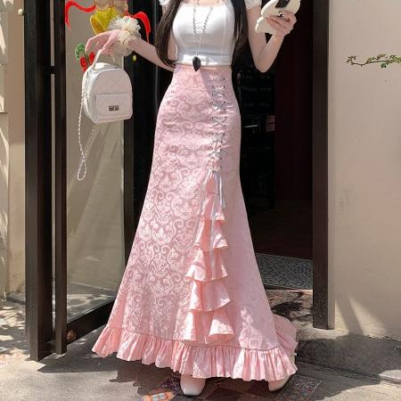 哥特长裙维多利亚宫廷中世纪朋克鱼尾系带束腰修峰印花半身裙  服裝批發女裝批發服飾貨源