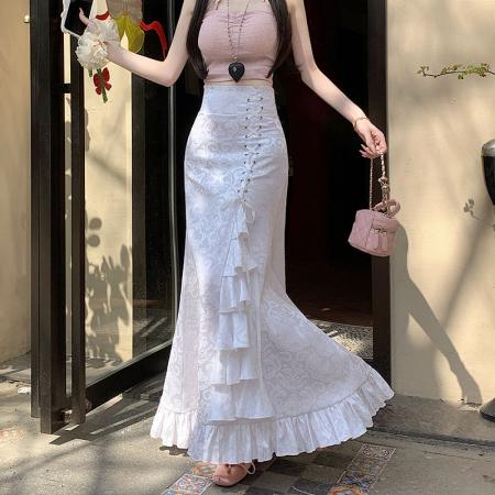 哥特长裙维多利亚宫廷中世纪朋克鱼尾系带束腰修峰印花半身裙  服裝批發女裝批發服飾貨源