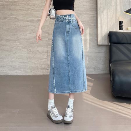 蕾丝拼接牛仔半身裙女春季新款高腰开叉中长A字裙遮胯显瘦包臀裙  服裝批發女裝批發服飾貨源