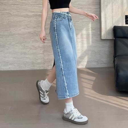 蕾丝拼接牛仔半身裙女春季新款高腰开叉中长A字裙遮胯显瘦包臀裙  服裝批發女裝批發服飾貨源