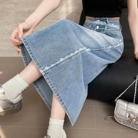 蕾丝拼接牛仔半身裙女春季新款高腰开叉中长A字裙遮胯显瘦包臀裙  服裝批發女裝批發服飾貨源