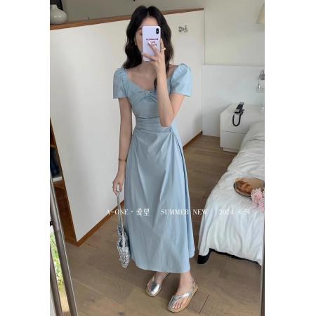 BY11496# 法式连衣裙新款女春夏高端精致可露肩气质显瘦短袖长裙  服裝批發女裝批發服飾貨源