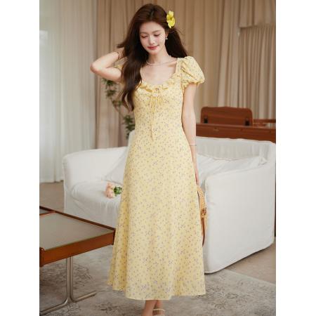 BY11497# 法式浪漫氛围感小众裙子优雅气质V领收腰显瘦碎花连衣裙  服裝批發女裝批發服飾貨源