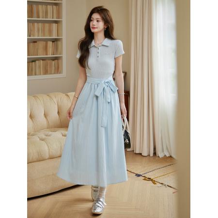 BY11498# 小个子女夏季气质设计感独特漂亮连衣裙蓝色大方短袖裙子  服裝批發女裝批發服飾貨源