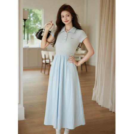 BY11498# 小个子女夏季气质设计感独特漂亮连衣裙蓝色大方短袖裙子  服裝批發女裝批發服飾貨源