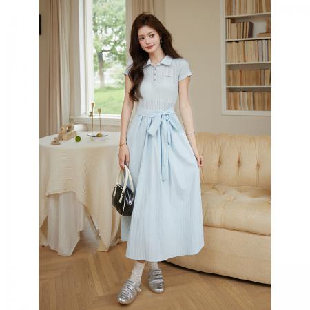 BY11498# 小个子女夏季气质设计感独特漂亮连衣裙蓝色大方短袖裙子  服裝批發女裝批發服飾貨源