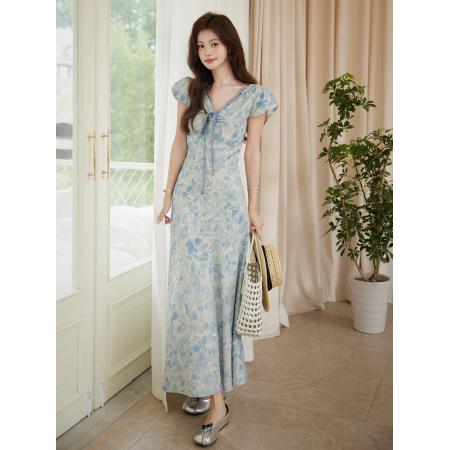 BY11500# 春夏新款A字收腰优雅气质显白蓝色印花法式短袖连衣裙  服裝批發女裝批發服飾貨源