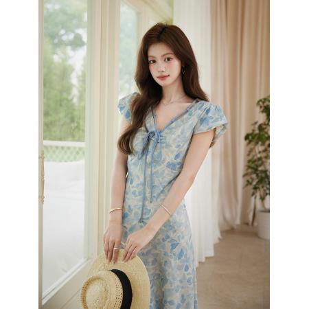 BY11500# 春夏新款A字收腰优雅气质显白蓝色印花法式短袖连衣裙  服裝批發女裝批發服飾貨源