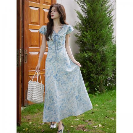 BY11500# 春夏新款A字收腰优雅气质显白蓝色印花法式短袖连衣裙  服裝批發女裝批發服飾貨源