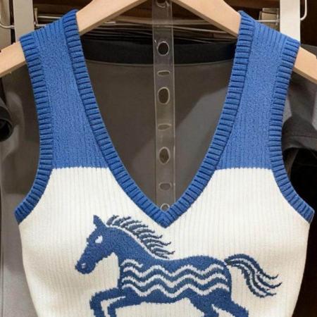 BY11501# 撞色V领小马图案冰丝针织背心女女夏季新款百搭修身减龄毛衣  服裝批發女裝批發服飾貨源