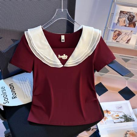 BY11509# 春夏新荷叶边拼接海军领高端轻熟气质假两件修身火爆上衣  服裝批發女裝批發服飾貨源