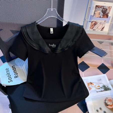 BY11509# 春夏新荷叶边拼接海军领高端轻熟气质假两件修身火爆上衣  服裝批發女裝批發服飾貨源