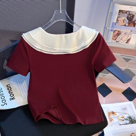 BY11509# 春夏新荷叶边拼接海军领高端轻熟气质假两件修身火爆上衣  服裝批發女裝批發服飾貨源