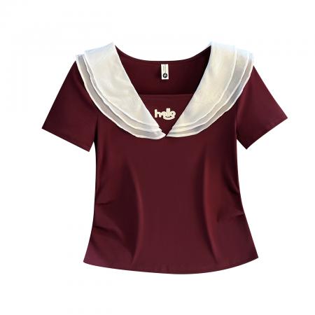 BY11509# 春夏新荷叶边拼接海军领高端轻熟气质假两件修身火爆上衣  服裝批發女裝批發服飾貨源