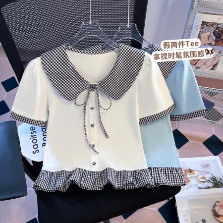 BY11512# 学院风假两件格纹娃娃领短袖T恤蝴蝶结系带荷叶边设计感上衣  服裝批發女裝批發服飾貨源