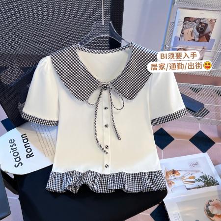 BY11512# 学院风假两件格纹娃娃领短袖T恤蝴蝶结系带荷叶边设计感上衣  服裝批發女裝批發服飾貨源