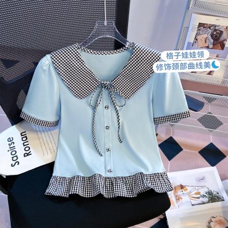 BY11512# 学院风假两件格纹娃娃领短袖T恤蝴蝶结系带荷叶边设计感上衣  服裝批發女裝批發服飾貨源