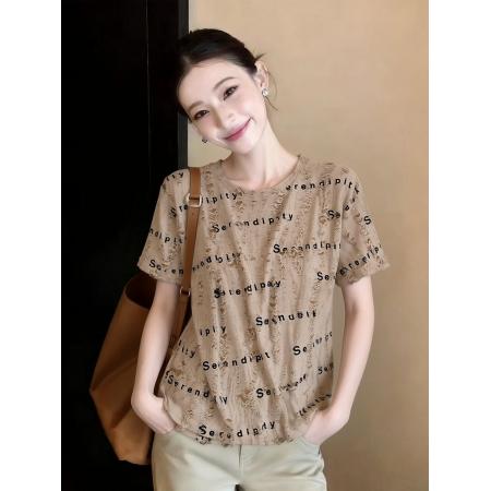 BY11514# 高端别致圆领短袖女士衬衫夏新宽松显瘦洋气减龄百搭雪纺印花上衣  服裝批發女裝批發服飾貨源