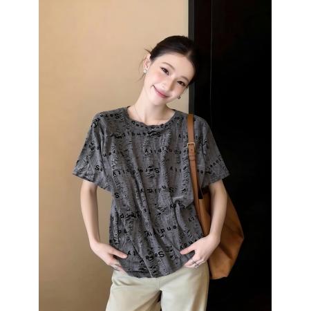 BY11514# 高端别致圆领短袖女士衬衫夏新宽松显瘦洋气减龄百搭雪纺印花上衣  服裝批發女裝批發服飾貨源