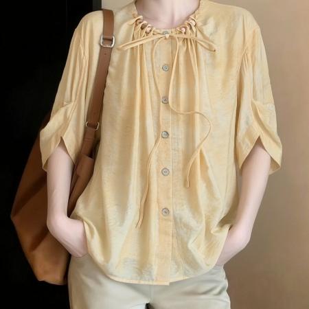 BY11515# 春夏季新款法式多巴胺衬衣设计感短袖衬衫气质上衣潮时尚百搭  服裝批發女裝批發服飾貨源