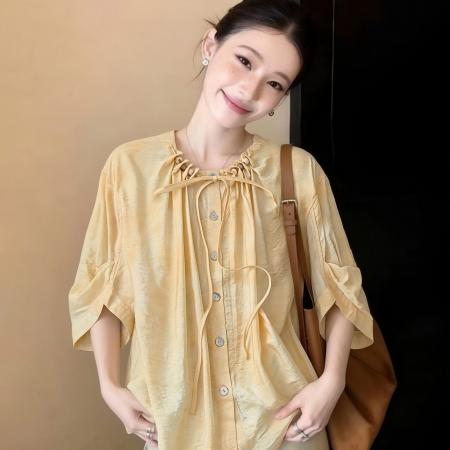 BY11515# 春夏季新款法式多巴胺衬衣设计感短袖衬衫气质上衣潮时尚百搭  服裝批發女裝批發服飾貨源