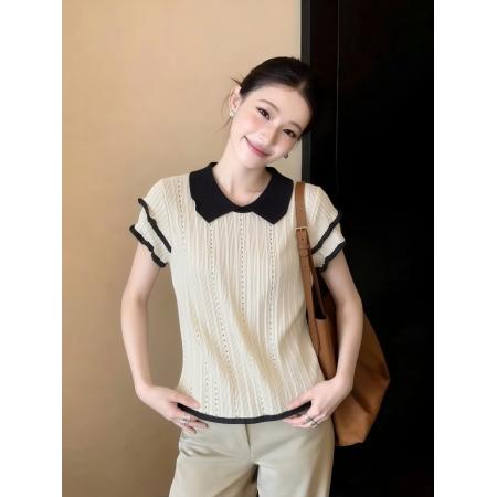 BY11516# 夏季新款时尚韩系短袖女冰丝针织衫设计感小众T恤撞色V领上衣  服裝批發女裝批發服飾貨源